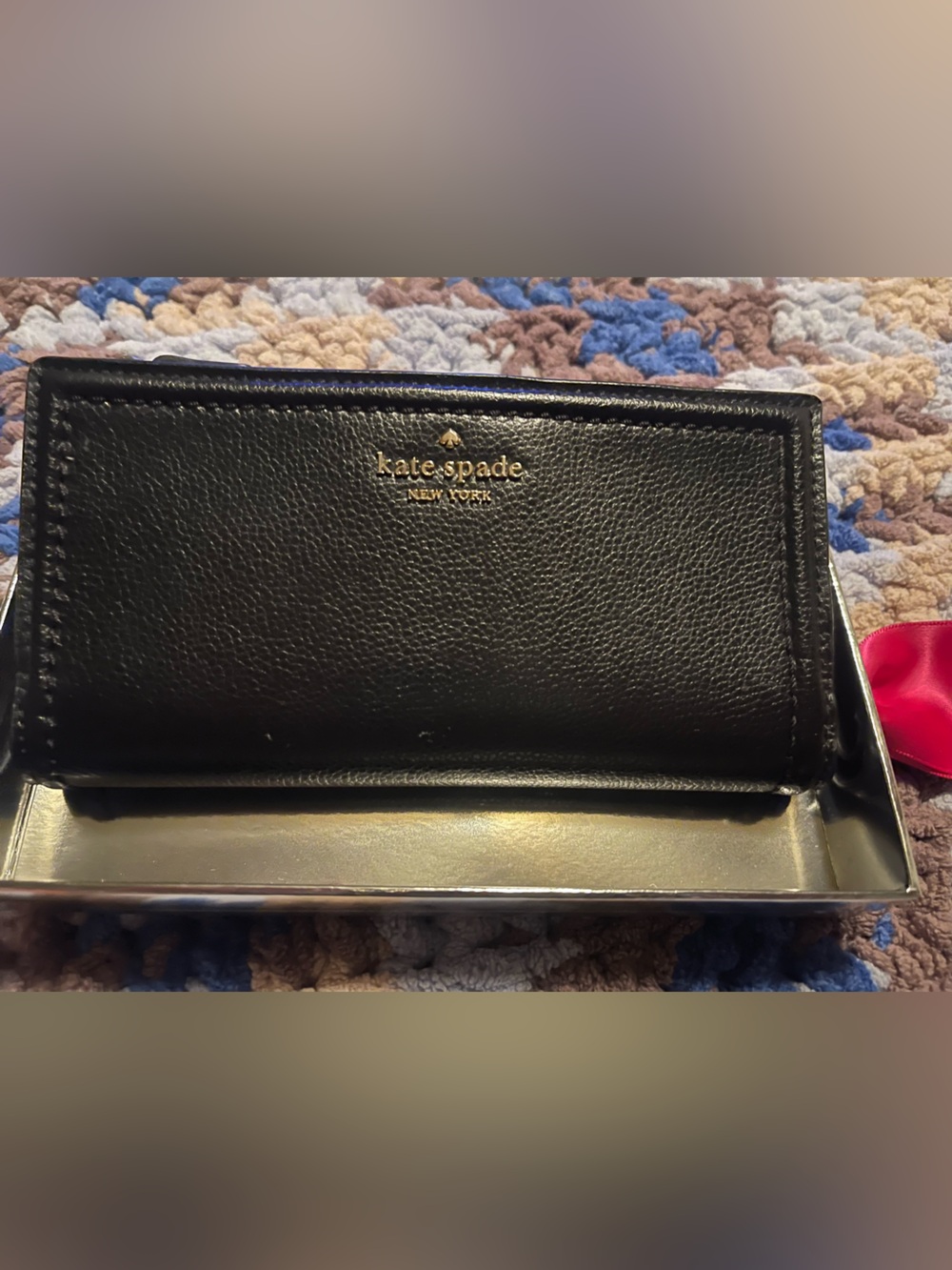 HTF kate spade black leather continental wallet with gold logo